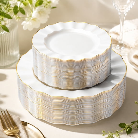 120PCS Pearl White Disposable Plastic Plates with Gold Rim, Heavy Duty Party Plates, 60 Dinner & 60 Dessert for Weddings & Events