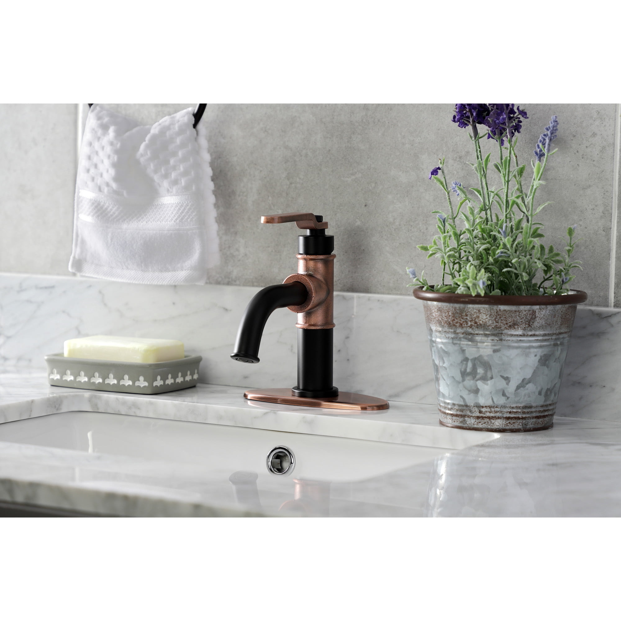 Kingston Brass KSD282KLAC Whitaker One-Handle Single-Hole Bathroom Faucet with Deck Plate and Push Pop-Up Drain, Matte Black/Antique Copper