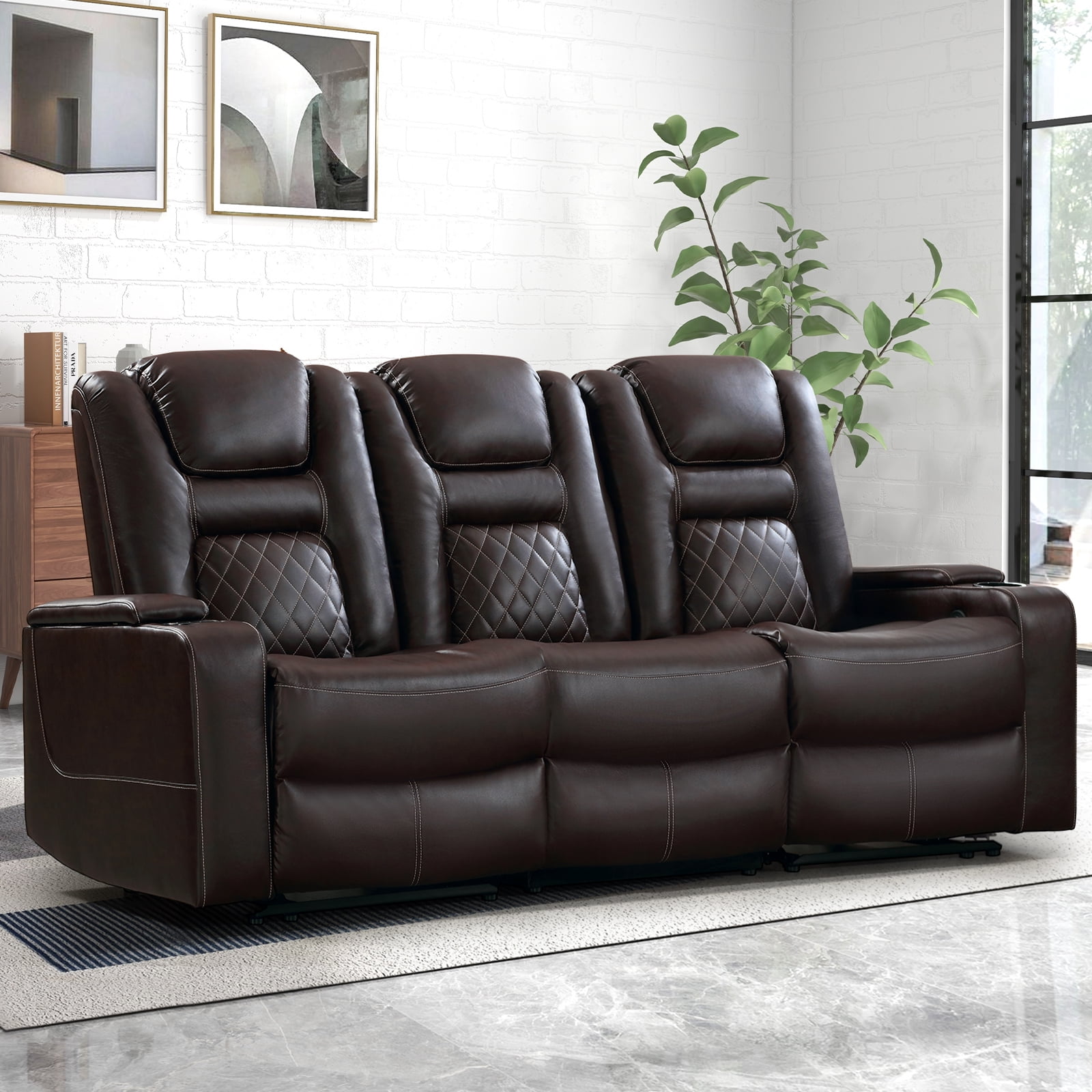 Bonzy Home Theater Recliner Chair Sofa, PU Leather 3 seat Power Recliner Sofa with Cup Holders, Hidden Arm Storage, USB Ports, Brown