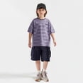 thumbnail image 2 of WAYUTE Boys T Shirts Short Sleeve Striped T Shirt Crew Neck Loose Fit Embroidered Detail Lightweight Kids Summer Tee Casual School,Purple,Size 3-4 Y, 2 of 4