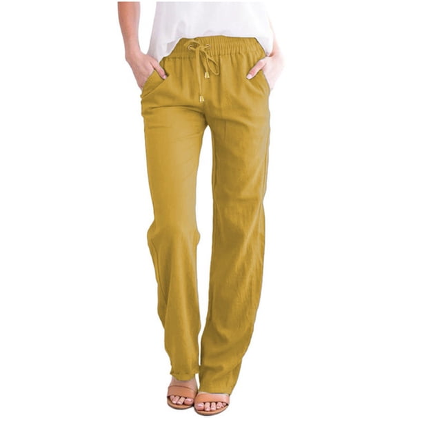 Pantalones informales rectos de algodón y lino con cintura elástica para mujer - Cintura media, cordón, para todas las estaciones