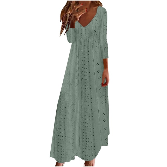 Mrat Robe Maxi à Œillets pour Femmes Automne Décontractée Manches 3/4 Col en V Robe de Vacances Ourlet Fluide Tunique Longue Robe S-176 Vert TTG