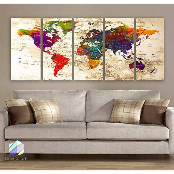 Original by BoxColors Xlarge 30"x 70" 5 Panels 30x14 Ea Art Canvas Print Watercolor Multi Color Old Map World Push Pin Travel Wall decor (framed 1.5" depth) M1816