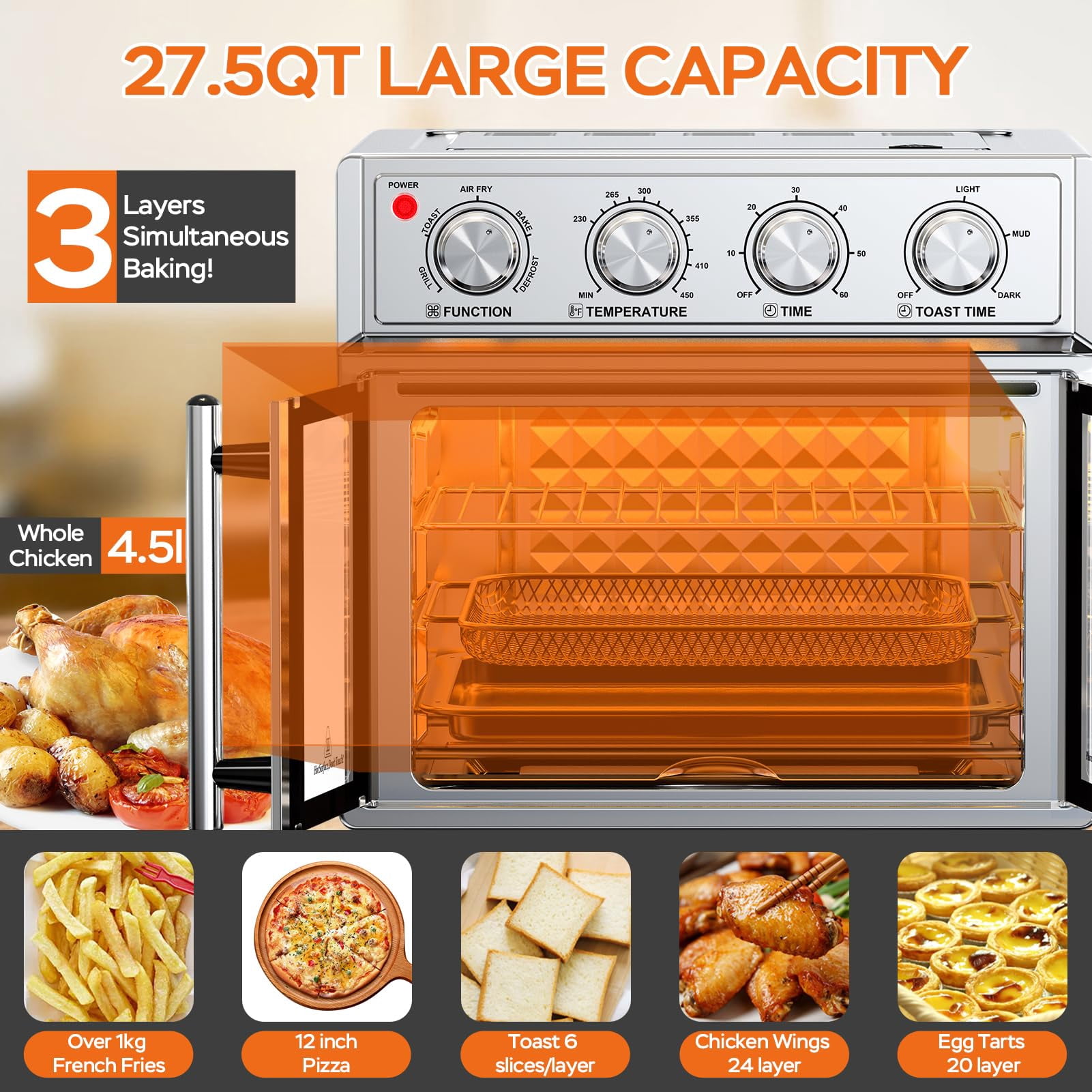27.5 Quart 6 Slices Large Air Fryer Convection Toaster Oven, French Door, 1700W, Multifunction Oven for Air Fryer, Toast, Grill, Defrost, Bake, Time and Temperature Controls, Silver