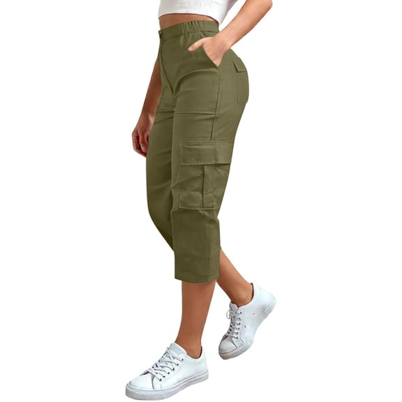 Soyumi Cargo Capri Pants for Women Summer Casual Loose Capri Pants with Pockets Plus Size High Waisted Work Button Cropped Pant, Blackish Green