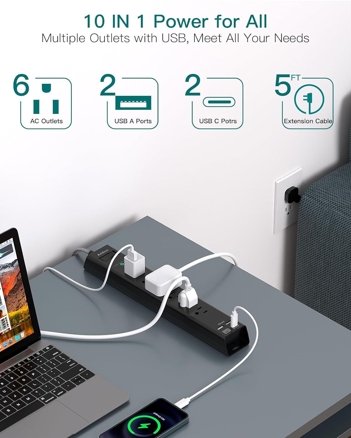 Surge Protector Power Strip - Extension Cord with 6 AC Outlets 4 USB (2 USB-C Ports), 1875W/15A, Flat Plug Overload Protection, Outlet Extender for Home Office Dorm Room Essentials