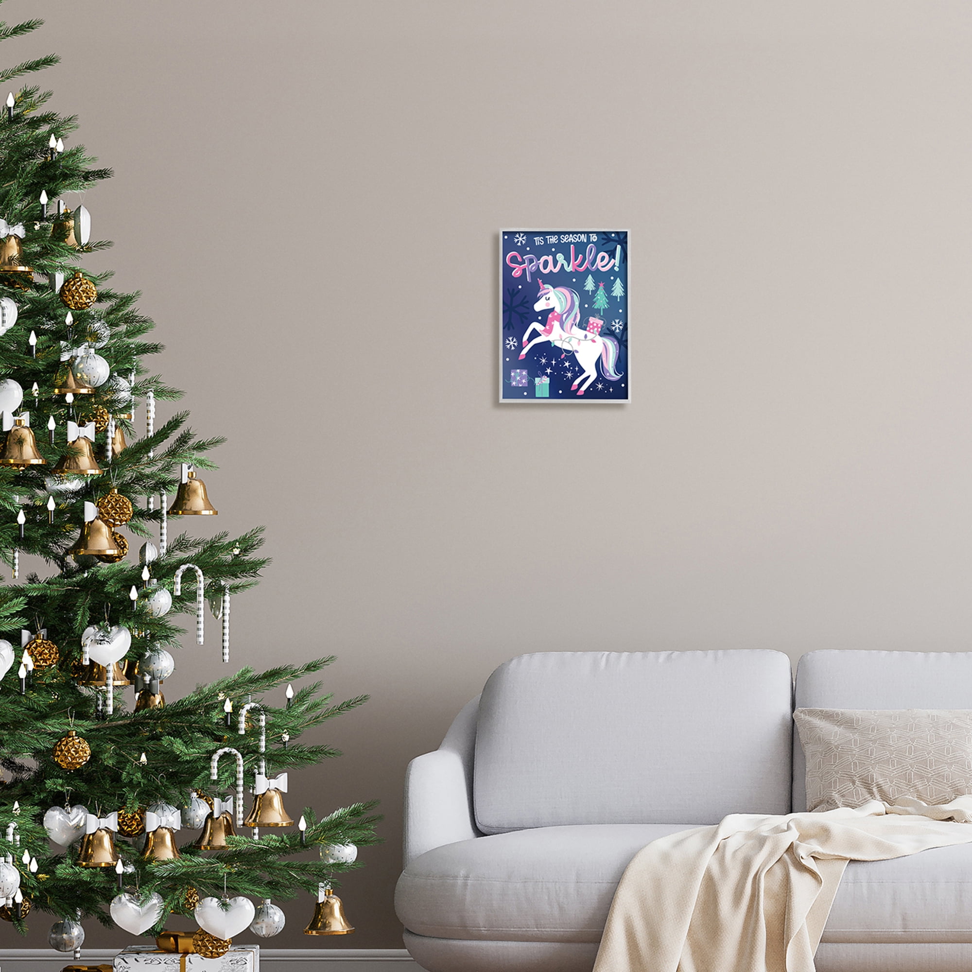Season To Sparkle Whimsical Christmas Unicorn Snowflakes Fairy Tales & Fantasy Graphic Art Framed Art Print Wall Art