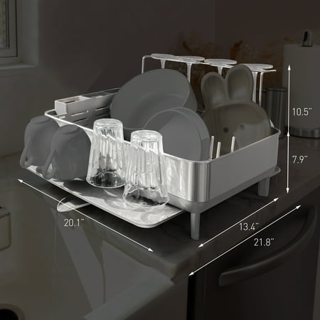 simplehuman - Kitchen Dish Drying Rack With Swivel Spout, Fingerprint-Proof Stainless Steel Frame - Grey Plastic