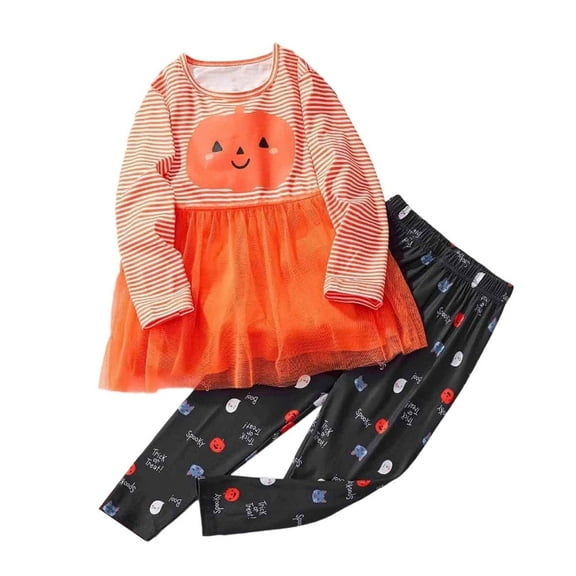 Toddler Pumpkin Skeleton Bat Ghost Girls Outfits Cute Pumpkin Striped Print Tutu Dress Set Kids Fabric Clothing Orange Size 4-5T