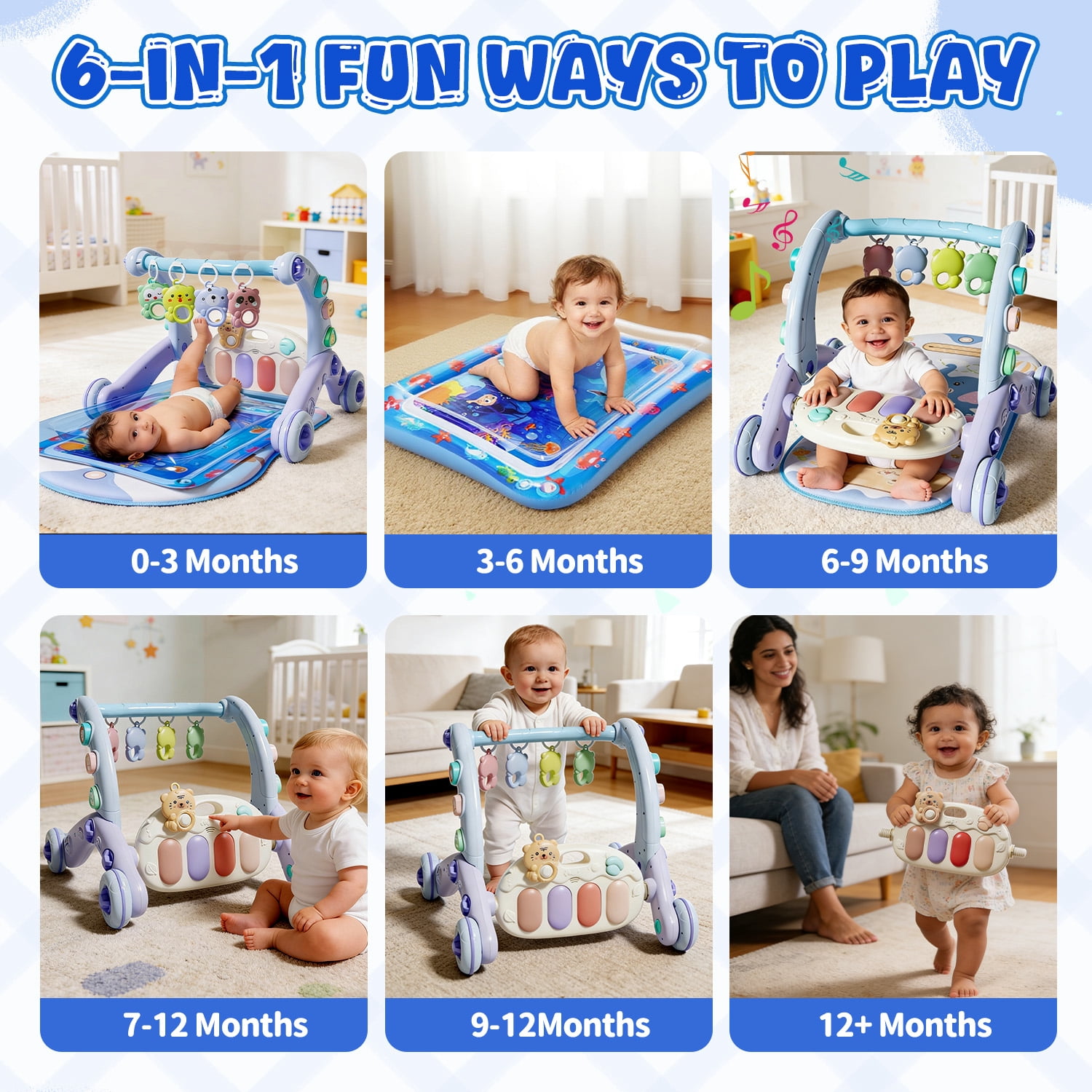 WonderStone 6-in-1 Baby Gym Play Mat, Activity Center Walker with Water Mat, 5 Infant Toys & Portable Musical Piano Panel for Babies 0–12 Months, Blue