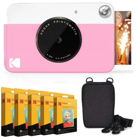 Kodak Printomatic Instant Camera Bundle with Zink Photo Paper 100-Pack & Case (Pink)