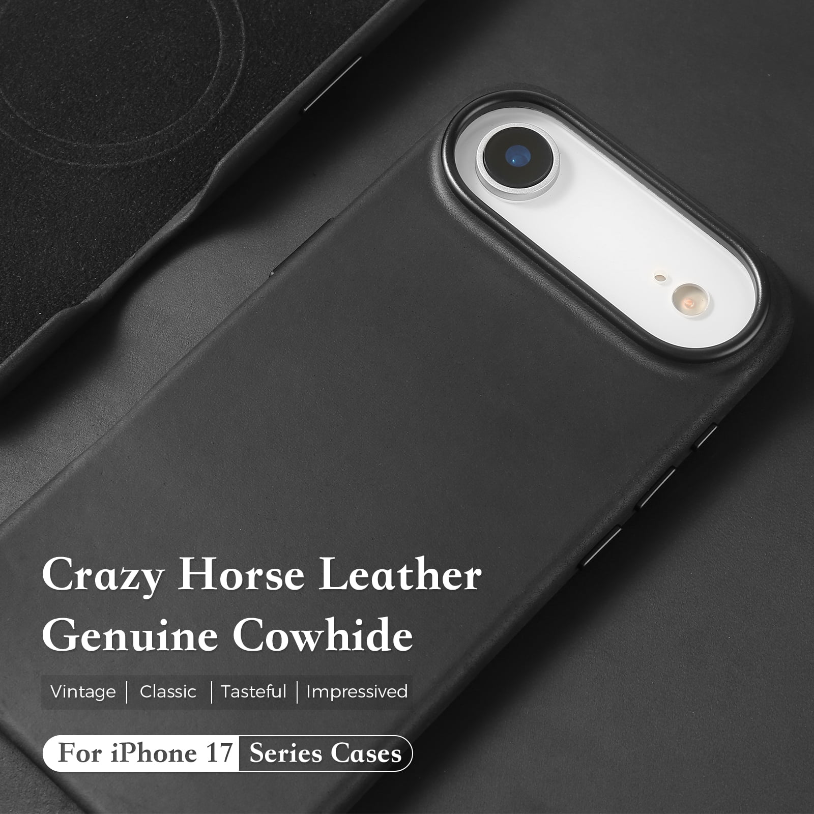 Genuine Leather Case for iPhone 17 Air (6.5 inch), Vintage Pull-up Leather Case with Soft Fiber Lining, Lip Screen Protection, Fit for MagSafe Black
