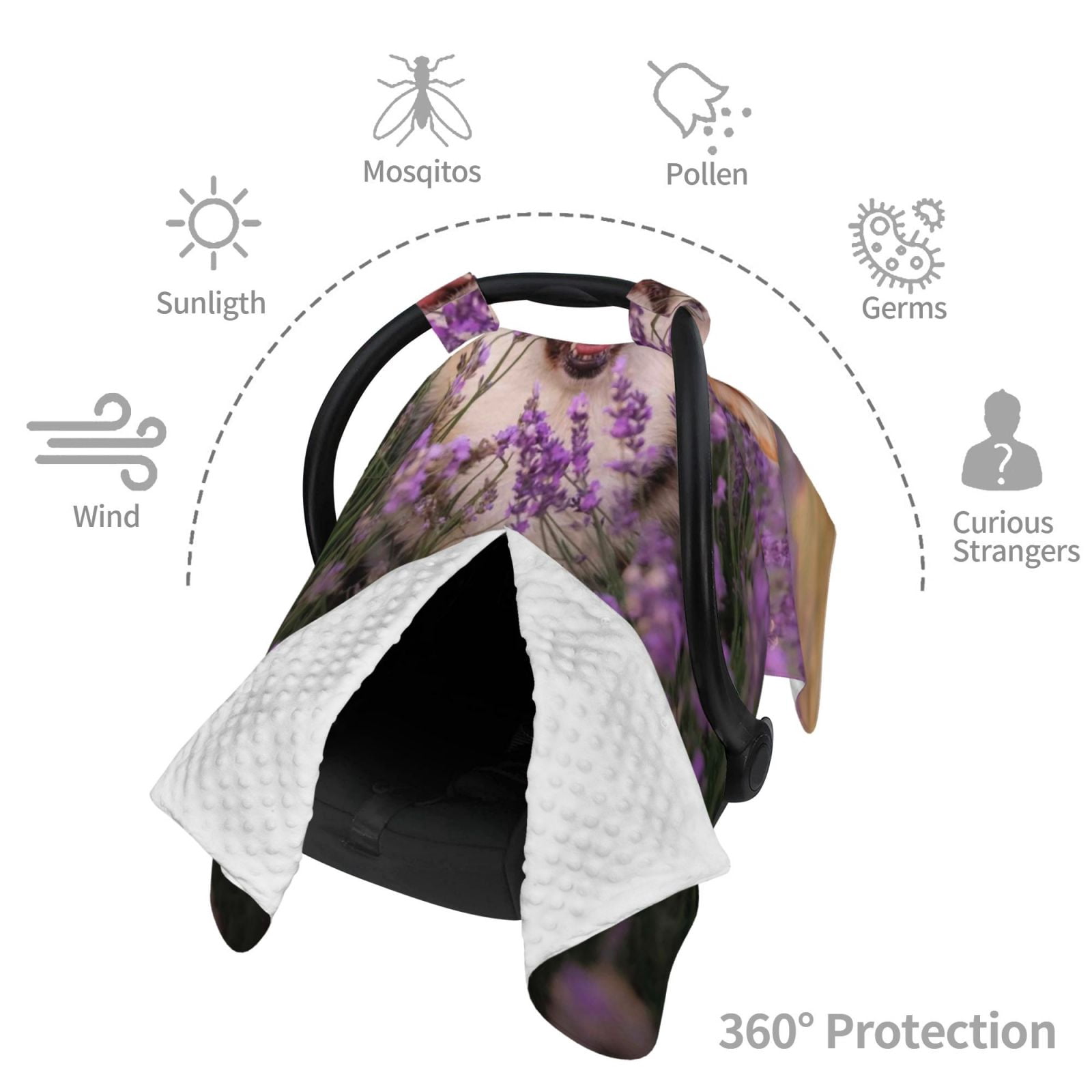 Naloa Dog in Lavender Flowers Baby Car Seat Cover, Breathable Baby Carrier Cover, Multiuse Baby Carrier Cover & Nursing Breastfeeding Cover