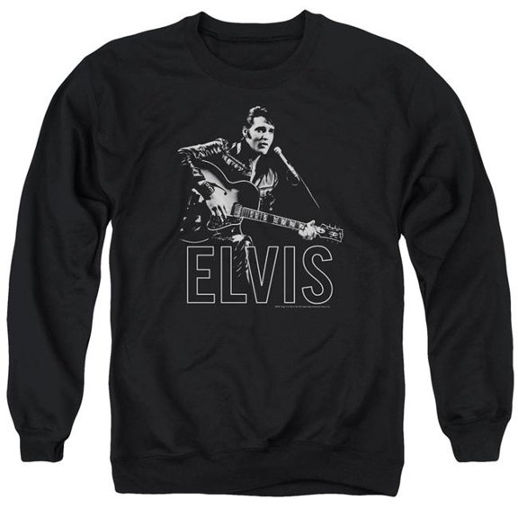 Trevco Sportswear ELV773-AS-1 Elvis Presley Guitar in Hand Adult Crewneck Sweatshirt, Black - Small