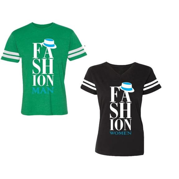 Fashion Man Woman Unisex Couple Matching Cotton Jersey style T-Shirt Contrasting stripes on sleeves (Men Green / Women Black) (Men S / Women S)