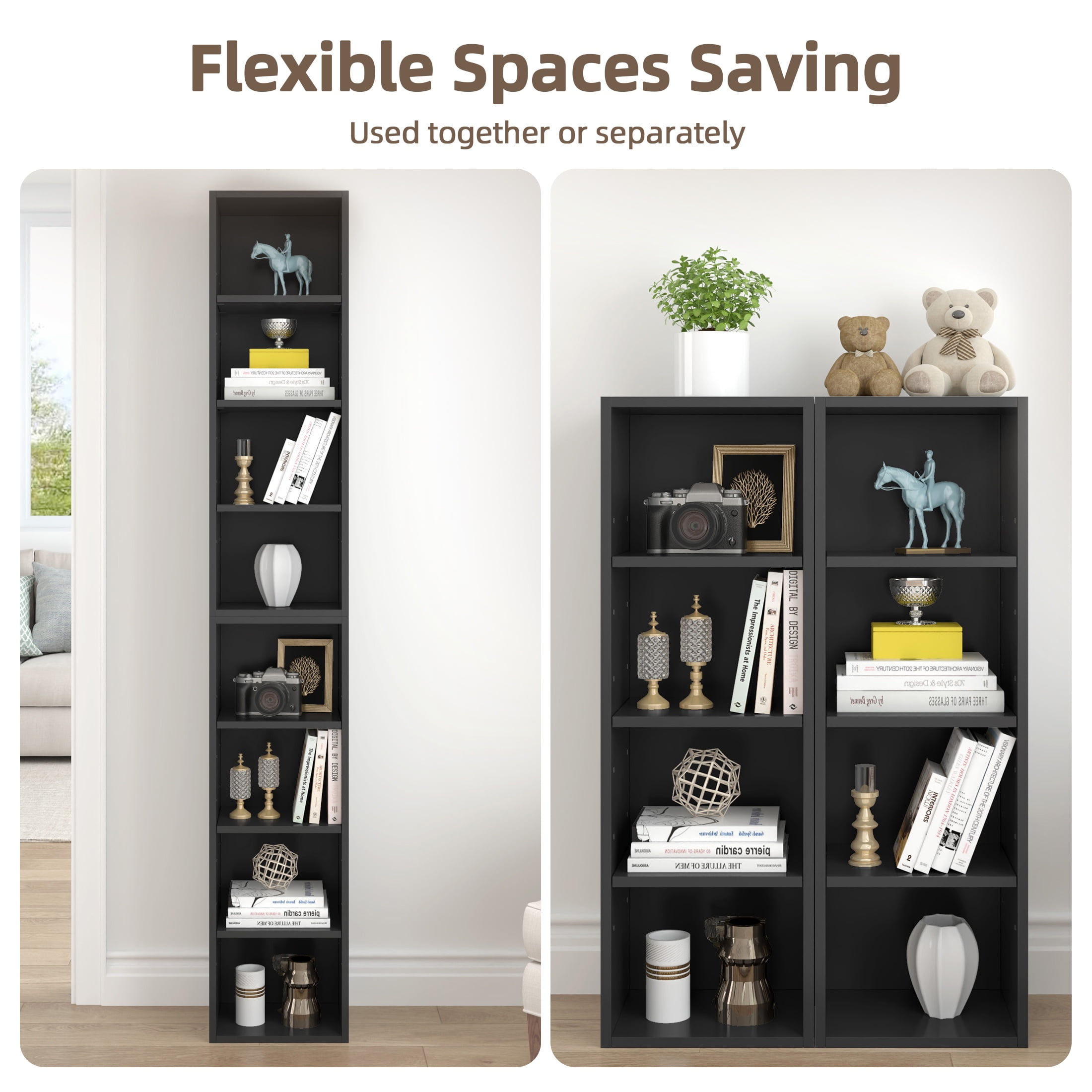 PORKISS 8-Tier Bookshelf, Wood Open Display Bookshelf with Adjustable Shelves, Tall Narrow Bookcase with Slim Storage, Modern Book Display Shelf Media Tower Rack for Living Room, Home Office, Black