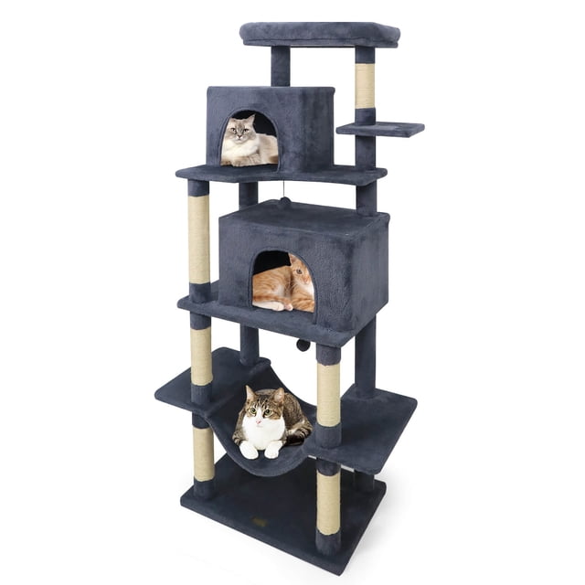 Costway 70" Large Cat Tree for Indoor Cats with Plush Top Perch, Dual large Condos, Hammock Dark Gray
