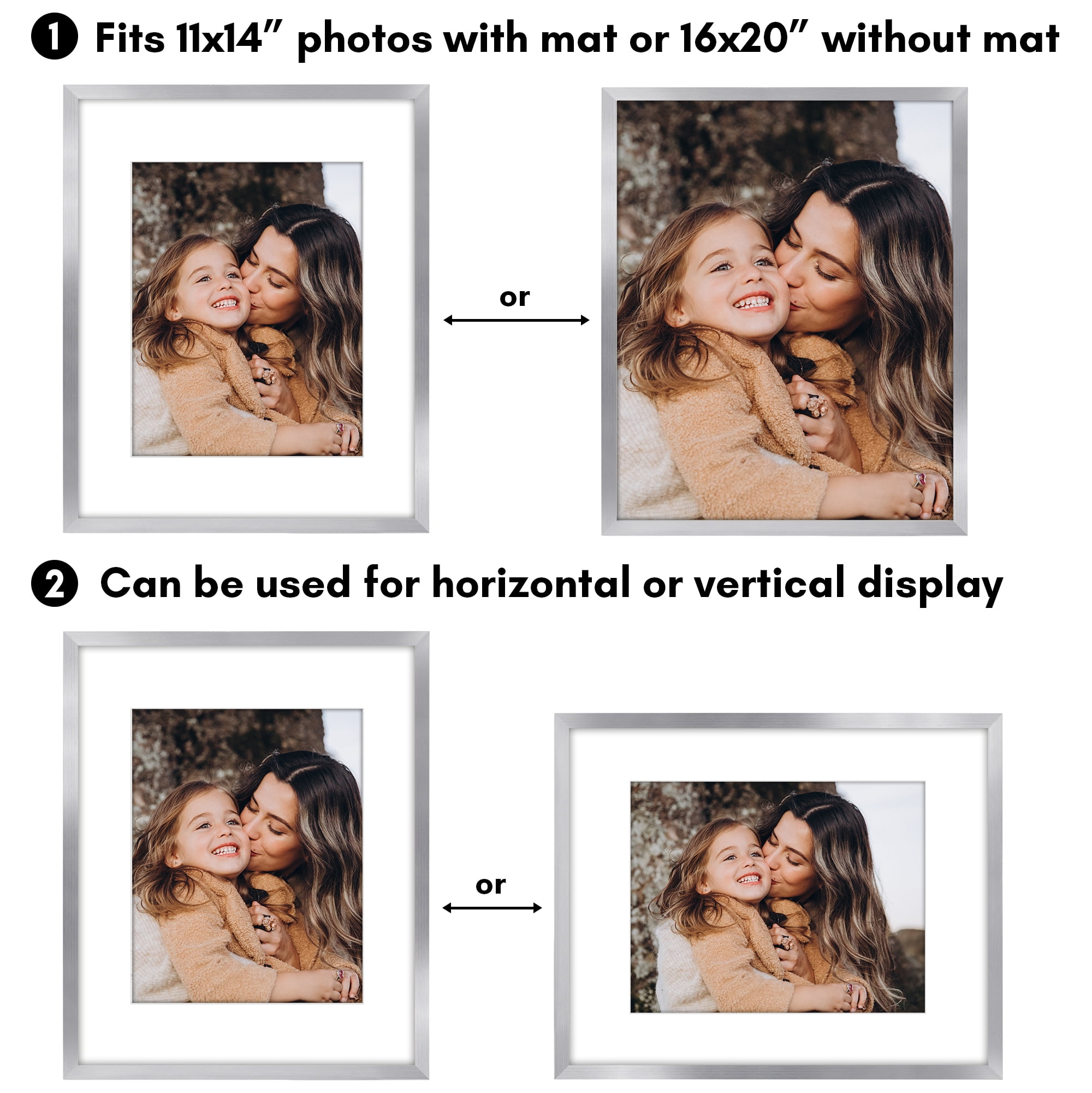 Americanflat 16x20 Picture Frame with Polished Plexiglass with 11x14 Mat 5 Pack Display Photo Frames - Silver