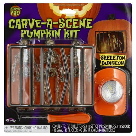 - Fun World Carve-A-Scene Skeleton Dungeon 7pc Pumpkin Carving Kit, White Black