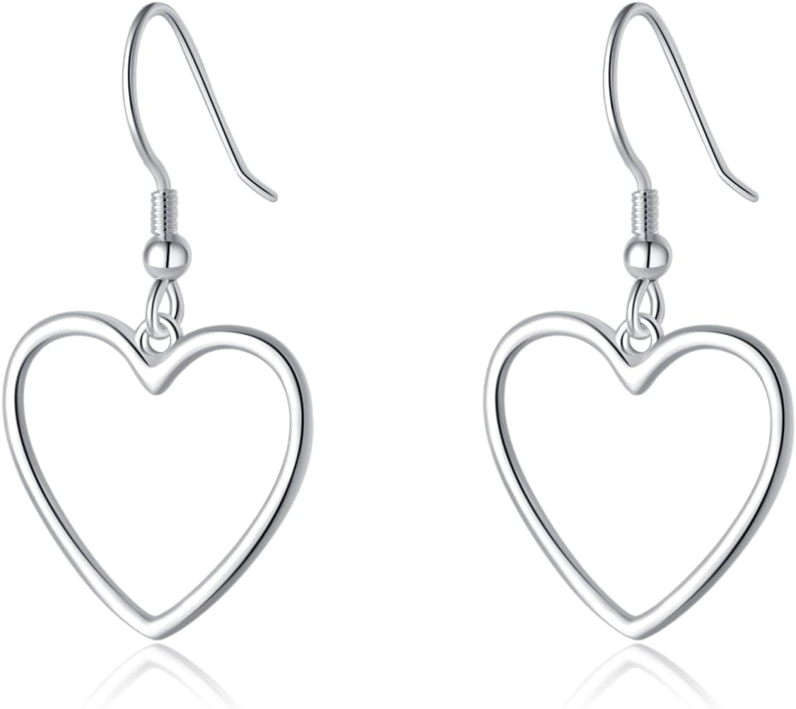 Solid 925 Sterling Silver 1.8CM Hollow Heart Drop Earrings for Women Teens Sweet Love Dangle Earrings
