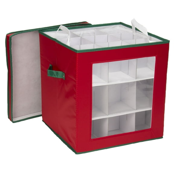 Household Essentials Ornament Storage Box, 36 Piece with Dividers, Sturdy and Stackable with Handles and Clear Plastic Window, Red Polyester Linen with Green Trim 551RED
