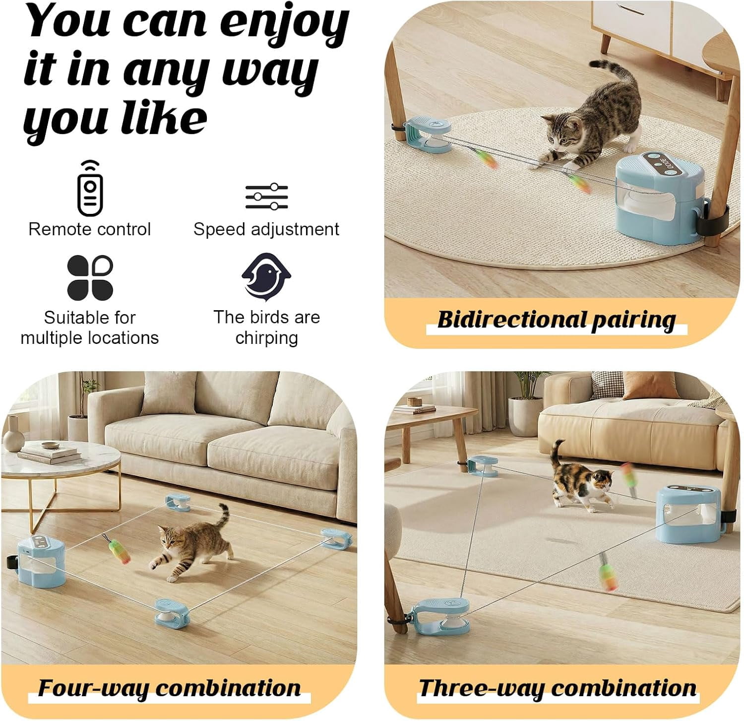 Interactive Chase Toys, Automatic/Remote Control Cat Chasing Toy for Indoor Cats, Adjustable Speed Cat Treadmill, Imitate The Sound of Bird for Bored Cats to Play, Exercise/Blue