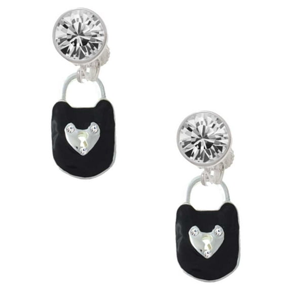 Silvertone Black Enamel Lock with Clear Crystals Clear Crystal Clip On Earrings