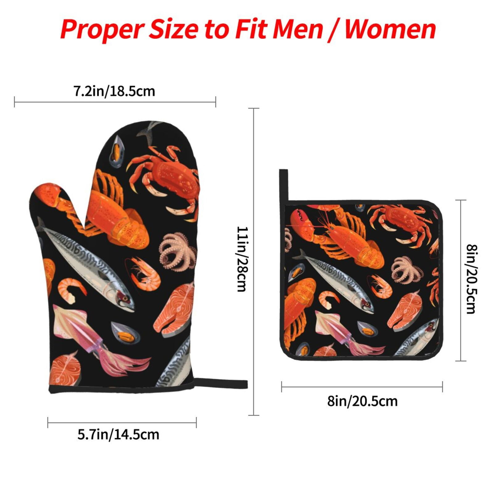 Seafood Pattern Crayfish Crab Shrimp 4Pcs Oven Mitts and Pot Holders Sets Oven Kitchen Gloves Hot Pads for Cooking BBQ Baking Grilling