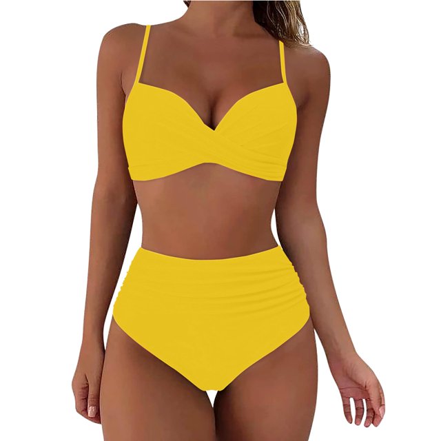 Huesdet Womens Sexy Bikini Sets Halter String White Thong Swimsuits Triangle High Cut Cheeky Bathing Suits(Yellow,S)
