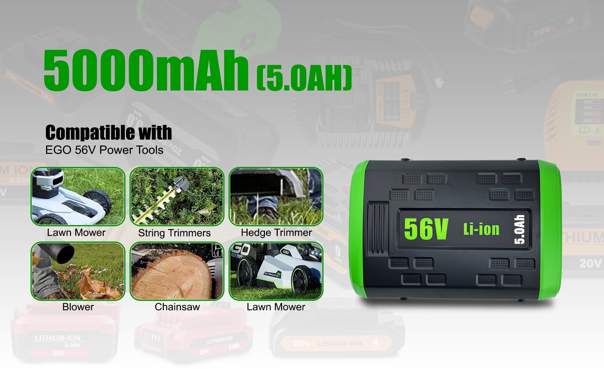 BA2800T 56V 5.5Ah Battery Replacement for 56-Volts Lithium-Ion Battery Pack Compatible with EGO Tools 56V 5.0Ah BA2800 BA2800T 2.5Ah BA1400T BA2240 BA1120 Battery Green