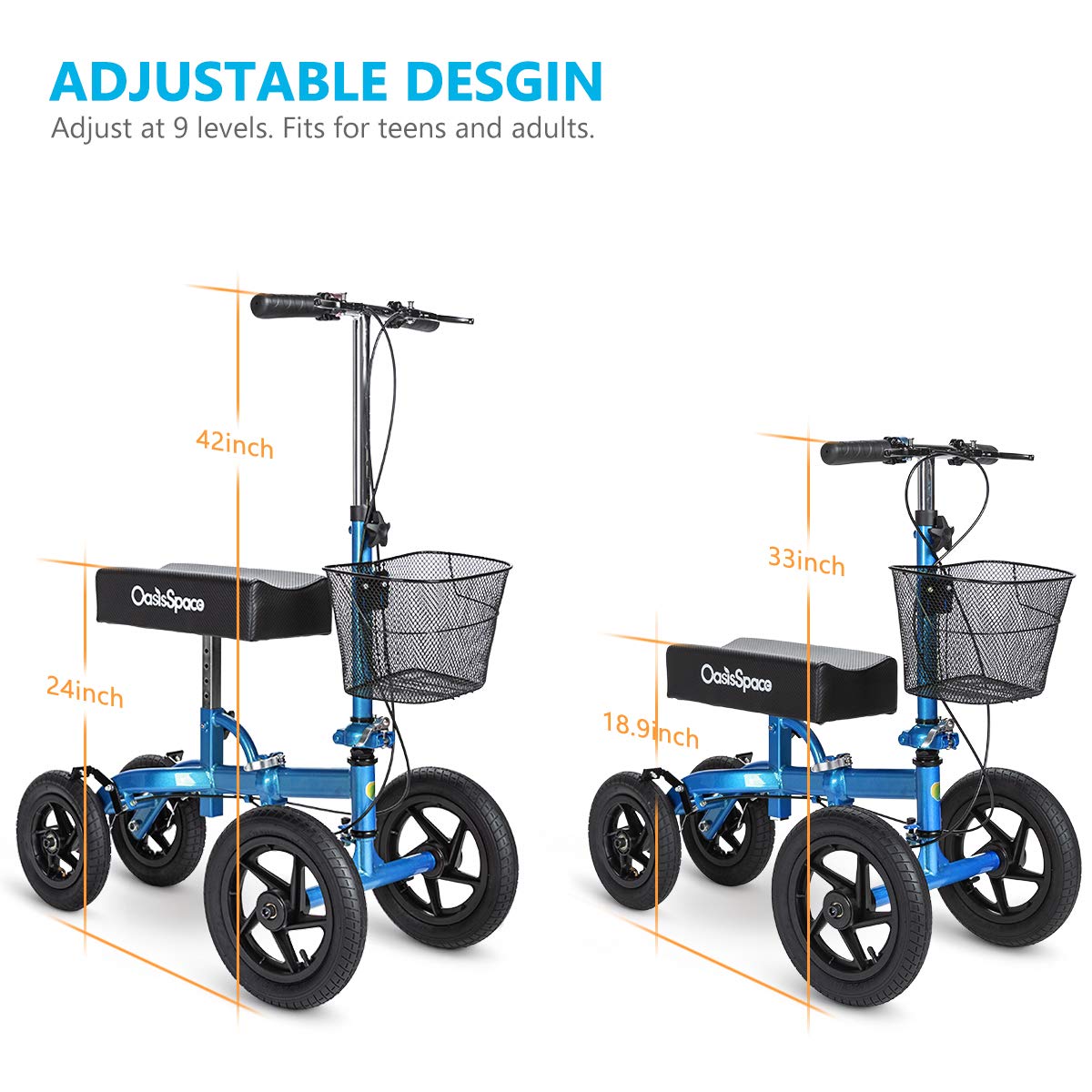 WETS All Terrain Knee Scooter, with 12 inches Non-Pneumatic Wheels, Steerable Knee Walker Heavy Duty Crutches for Foot Injuries Ankles Surgery (Blue)