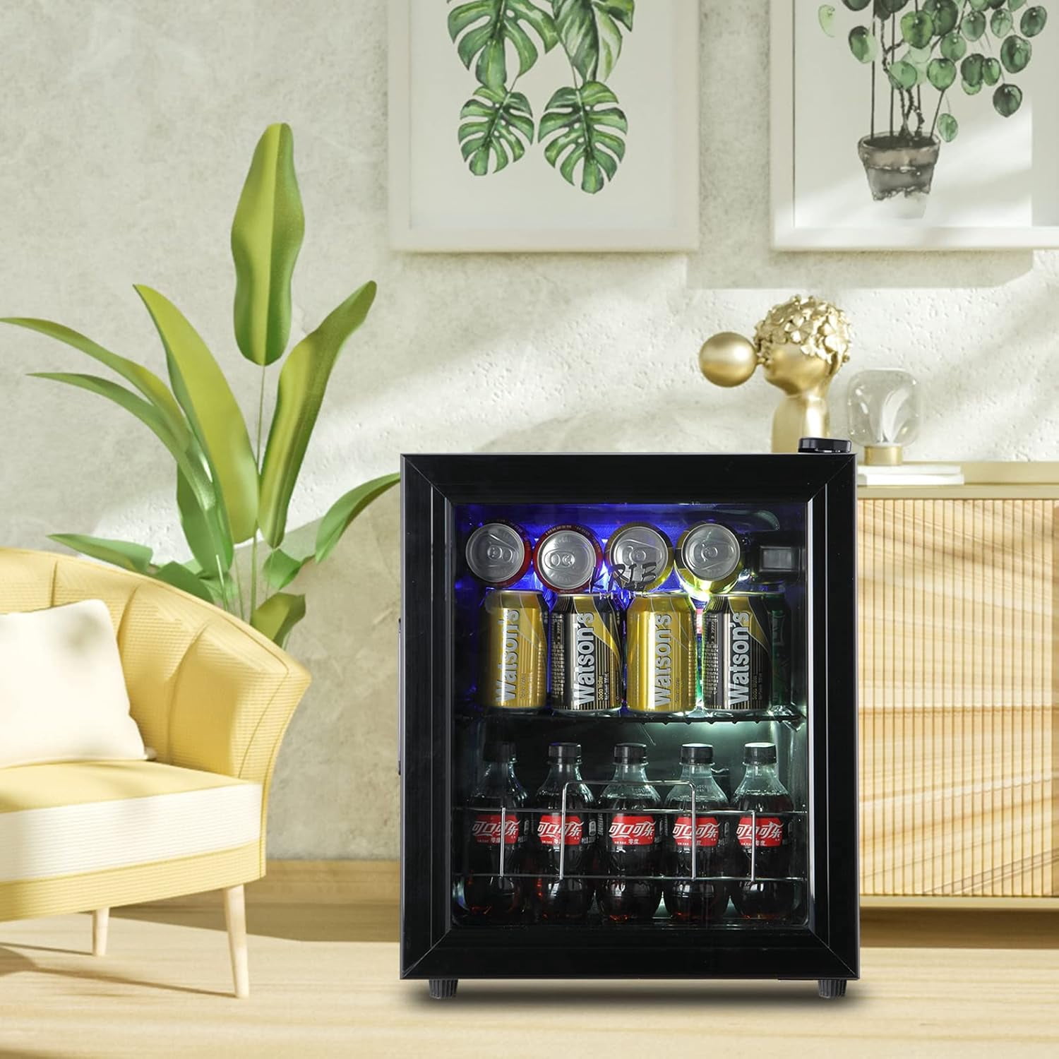 19 in Beverage Refrigerator Cooler, 80 Can Capacity Drink Fridge with Glass Door, Adjustable Shelves, LED Light, Freestanding Beer & Soda Fridge, Black