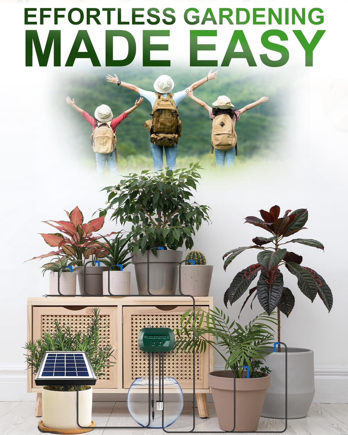 Solar Drip Irrigation Kit 50FT Automatic Garden Watering System with Timer, Draws Water from Container, Supports 15 Pots for Balcony, Patio, Indoor & Outdoor Plants