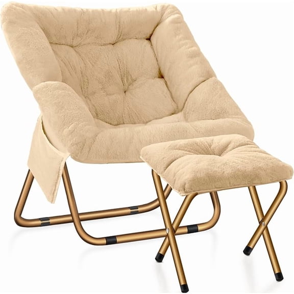 Comfy Chair, Foldable Living Room Chairs, Soft Faux Fur Lounge Chair for Bedroom, Reading Chairs for Adults, Teens, X-Large (beige)
