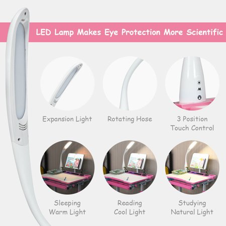 Gymax Height Adjustable Kids Desk Chair Set Study Drawing W Lamp Bookstand Pink