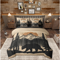 Manfei Rustic Bear Print Bedding Comforter Set 7pcs, Jungle Wildlife Queen Bedding Sets, Farmhouse Tree Botanical Reversible Queen Sheet Sets, Breathable Home Decor