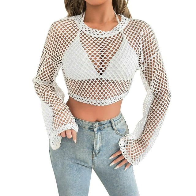 Haut en Résille pour Femmes à Manches Longues, Col Ras du Cou, en Maille, Ample, Tendance, Décontracté, Court à Manches Longues