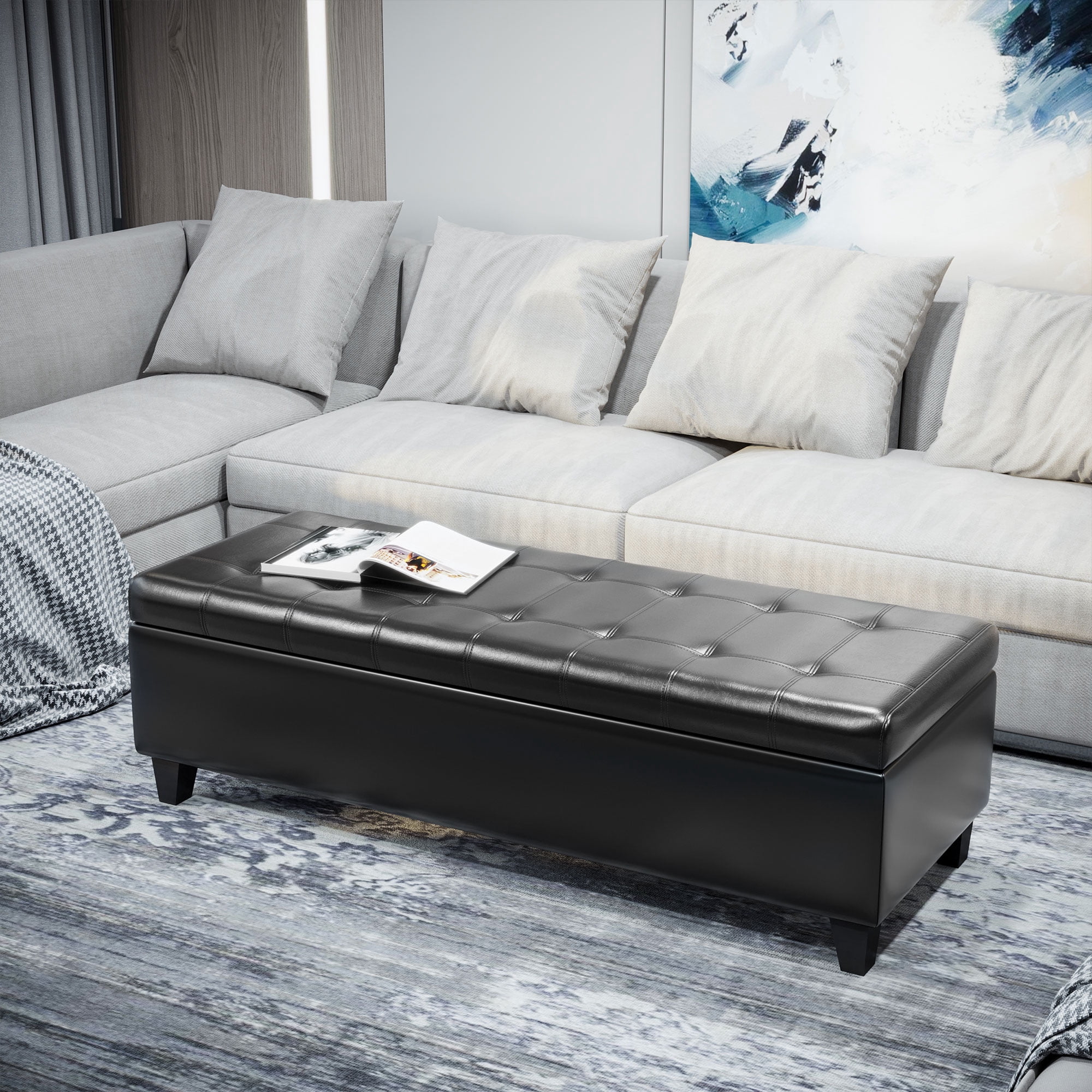 HOMCOM 51" Ottoman Storage Bench, Faux Leather Storage Chest with Lift Top