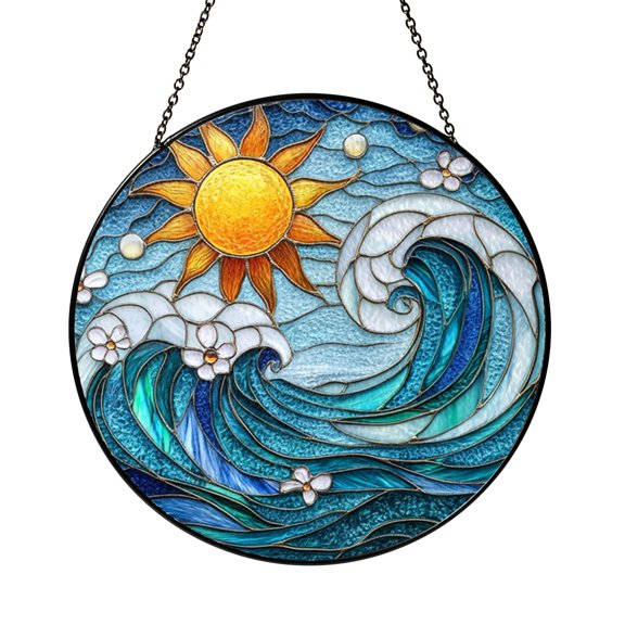 Ocean themed stained look panel, bright wave window decor for home or garden