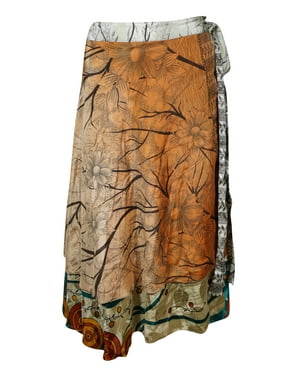 Mogul Women Orange,Beige Magic Wrap Skirt 2 Layer Printed Indian Vintage Sari Reversible Beach Wear Wrap Around Skirts