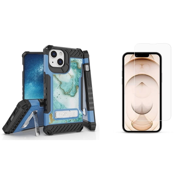 Bemz iPhone 13 Mini Bundle: Tri Shield Military Grade Armor Rugged Case (Aqua Mint Marble), Premium Glass Screen Protectors (2-Pack)