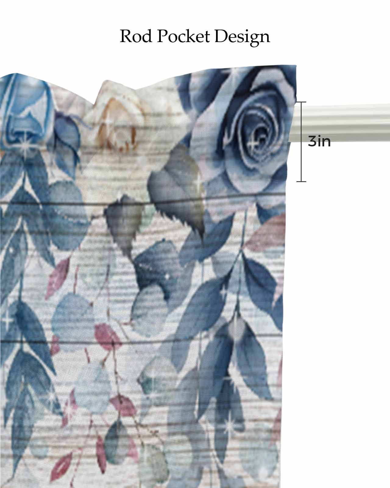 Valentine's Rose Blue Linen Curtain Valance for Bedroom/Bathroom/Kitchen/Office/Living/Dining Room Windows, Farmhouse Woodgrain Leaves Rod Pocket Topper Decorative Cafe Drapes Panel 42"x18"