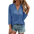 thumbnail image 2 of AXXD Womens Dressy Tops Blue Basic Summer 2024 V-Neck Button Casual Solid Color Long Sleeve T-shirt Top Long Sleeve V-Neck Shirt Blouse, 2 of 6
