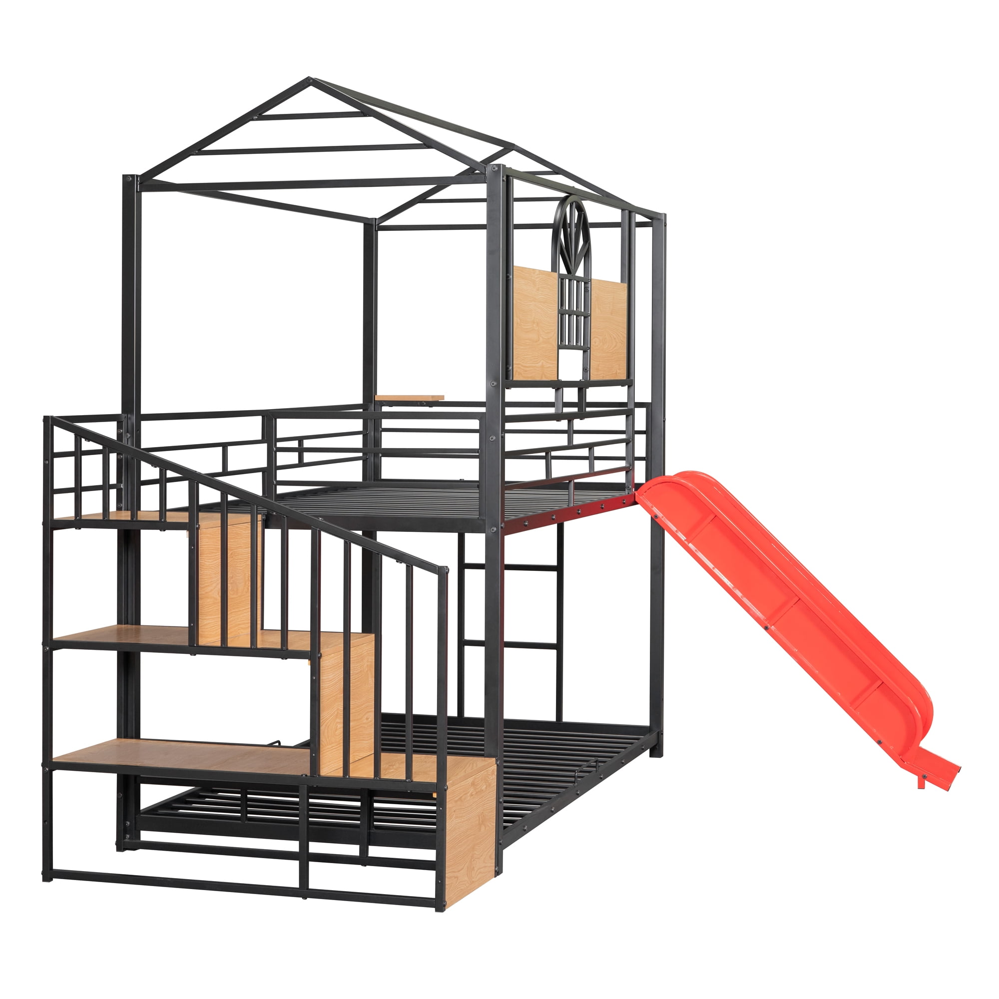 Aukfa Twin over Twin Bunk Bed with Slide, Metal House Bunk Bed with Staircase and Shelves for Kids - Black/Red