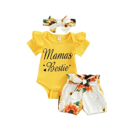

Suanret Infant Girl Summer Shorts Suit Letters Print Short Sleeve Crew Neck Romper Sunflower Print Shorts Headband Yellow 6-12 Months
