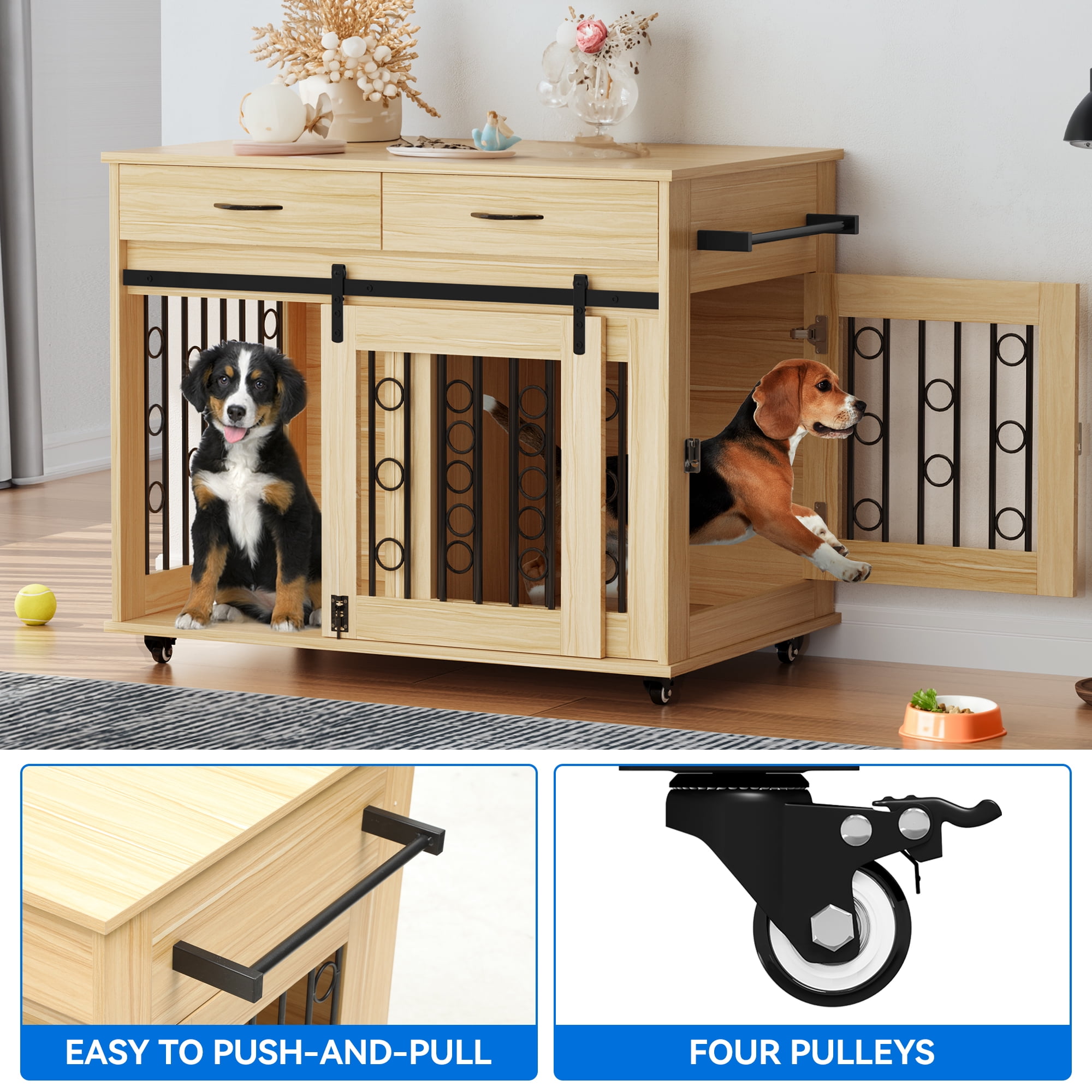 Dextrus Dog Crate Furniture Large Breed with Dog Feeder, 74.8 Inch Wooden  Dog Kennel Furniture Indoor Heavy Duty Dog Crate with Drawers, TV Cansole  Table2 Room Divider for 2 Medium Large Dogs 