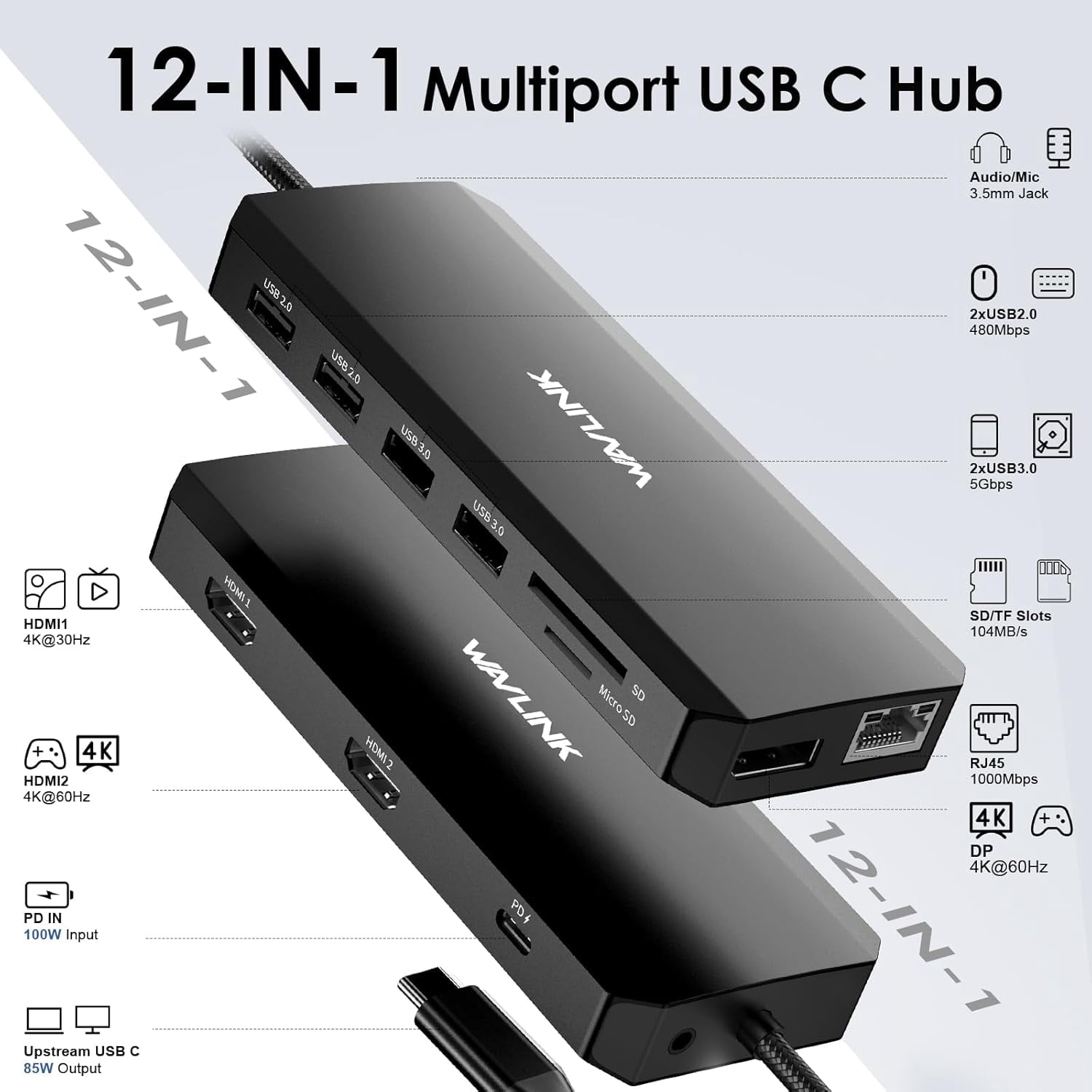 Laptop Docking Station Dual Monitor Triple Display for Windows OS, USB C Hub with 2 HDMI, DisplayPort, 100W PD in, Gigabit Ethernet, USB 3.0/2.0 Ports, SD/TF Card Reader, Audio