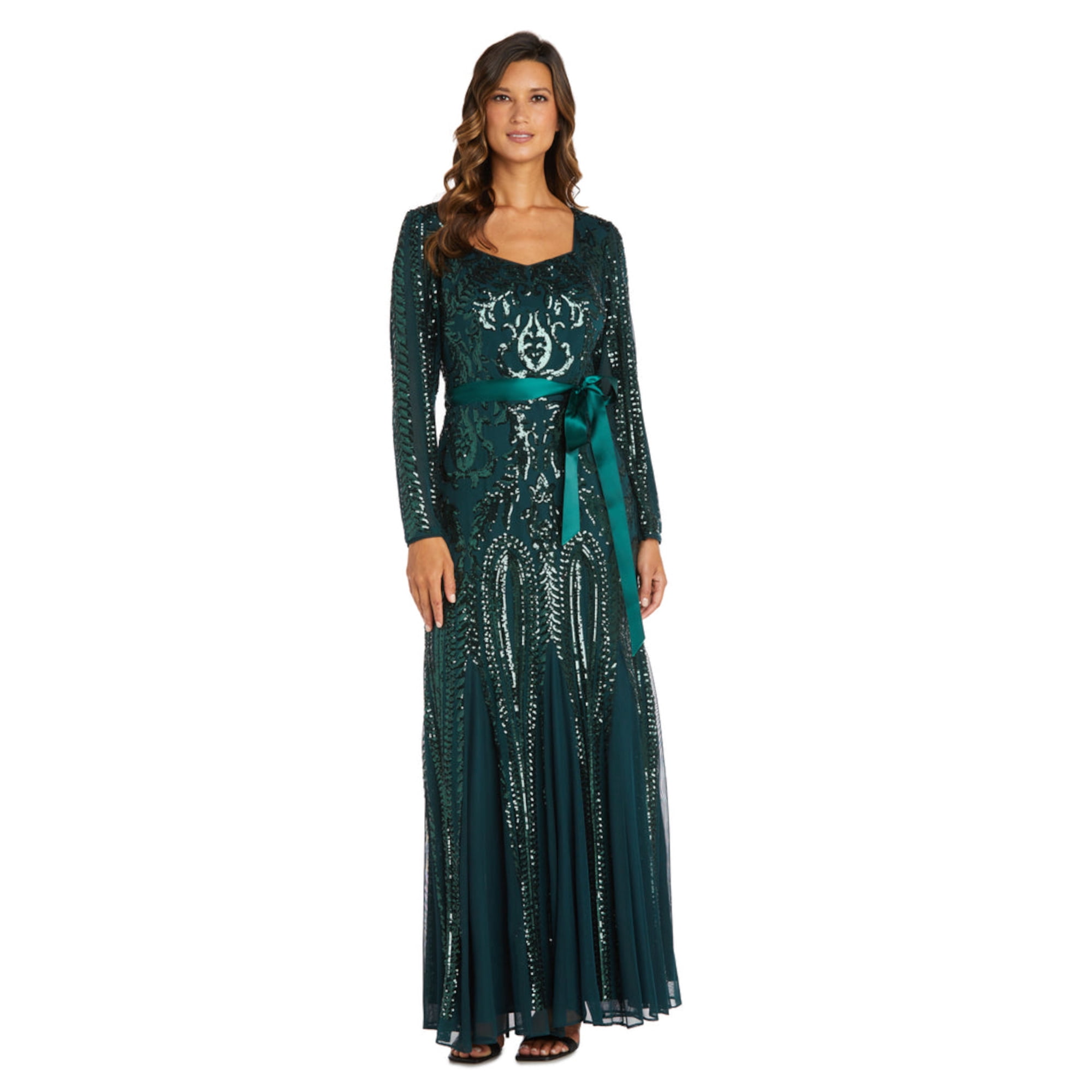 R M RICHARDS Womens Green Zippered Sequined Belted Lined Long Sleeve Sweetheart Neckline Full Length Evening Gown Dress 10 Walmart
