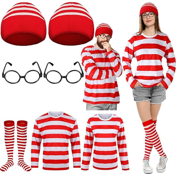 WAYAN 7 Pieces Halloween Cosplay Red and White Striped Shirt Adult Men Women's Halloween Costumes Sweatshirt Wizard Glasses Hat Sock Suits Youth Funny Sweatshirt Outfit Glasses Suits