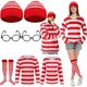 thumbnail image 1 of WAYAN 7 Pieces Halloween Cosplay Red and White Striped Shirt Adult Men Women's Halloween Costumes Sweatshirt Wizard Glasses Hat Sock Suits Youth Funny Sweatshirt Outfit Glasses Suits, 1 of 1
